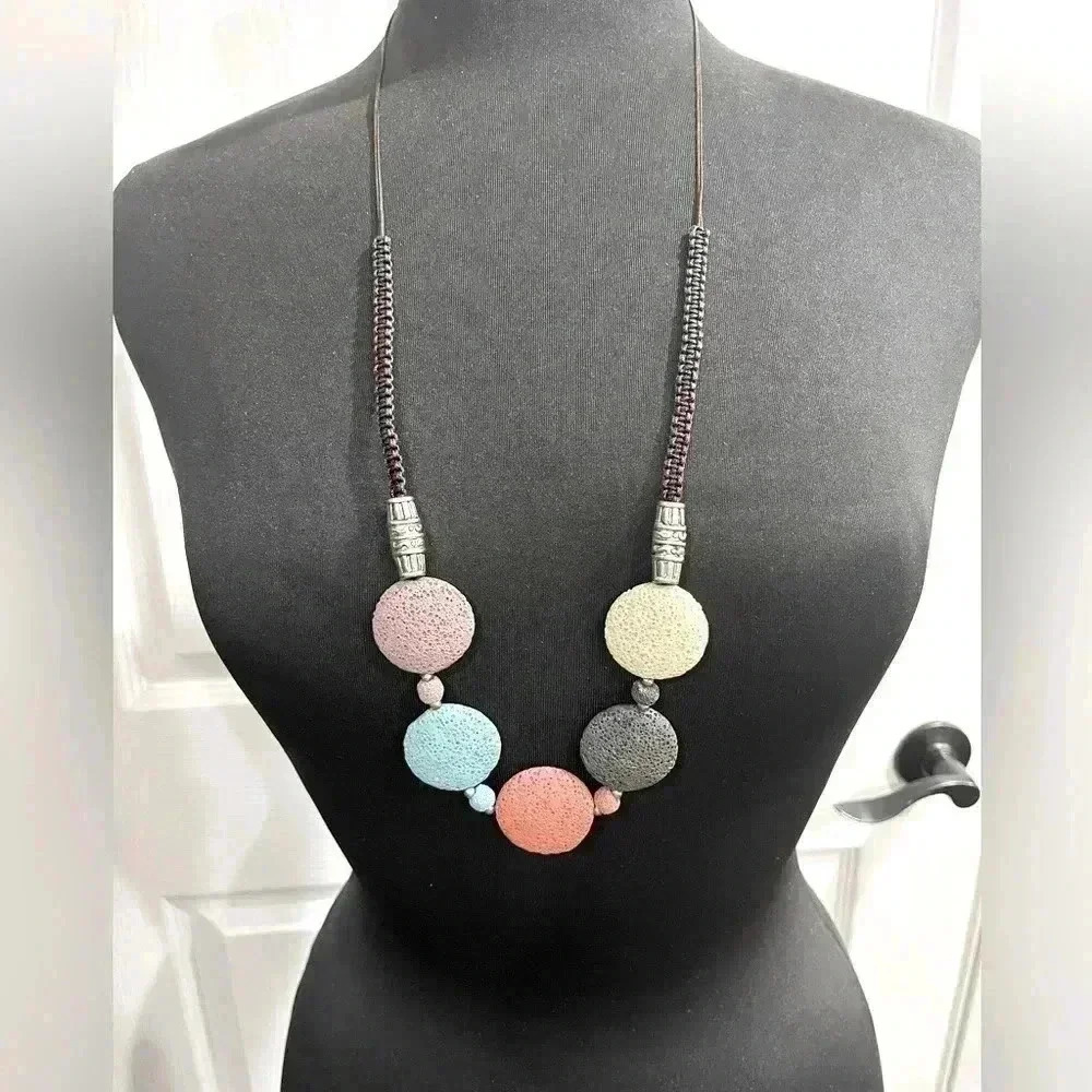 Bohemian lava stone and bead expansion necklace with silver tone accent